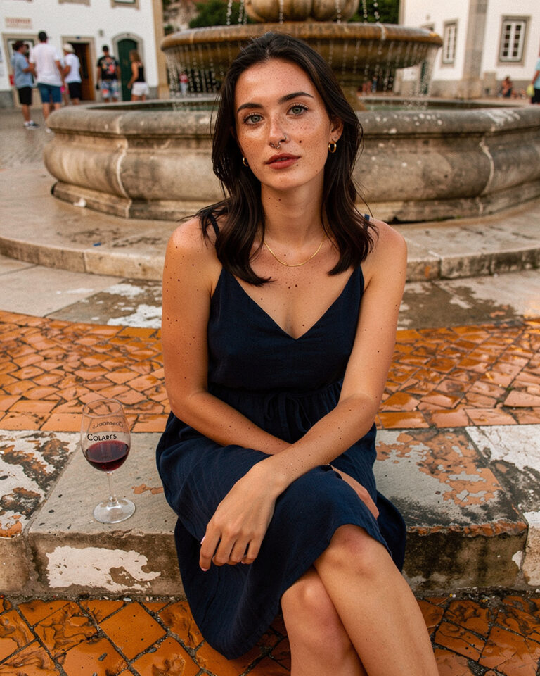 Woman sitting on tiled fountain steps in Sintra village center at golden hour, glass of red wine beside her, cobblestones glowing warm orange.