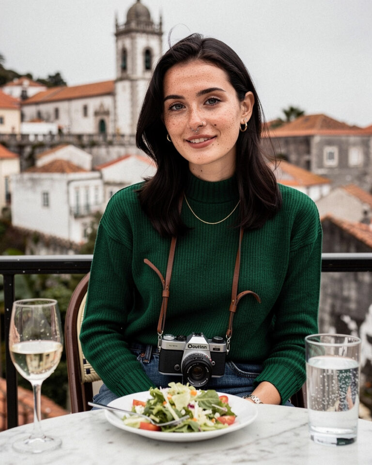Woman sitting alone at a marble café table with a salad and sparkling water, Sintra National Palace towers visible behind her, bright midday light.
