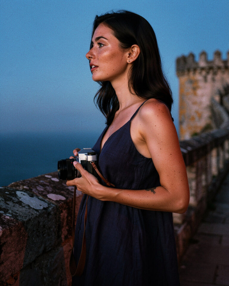 Woman standing on the stone ramparts of the Moorish Castle in Sintra, forested hills and faint Atlantic horizon behind her, warm golden side light on her face.
