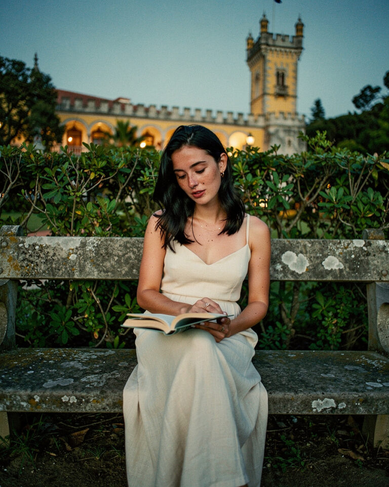 Open book resting on a stone bench in the overgrown gardens of Sintra National Palace, warm golden light filtering through tall hedges, palace tower visible above.