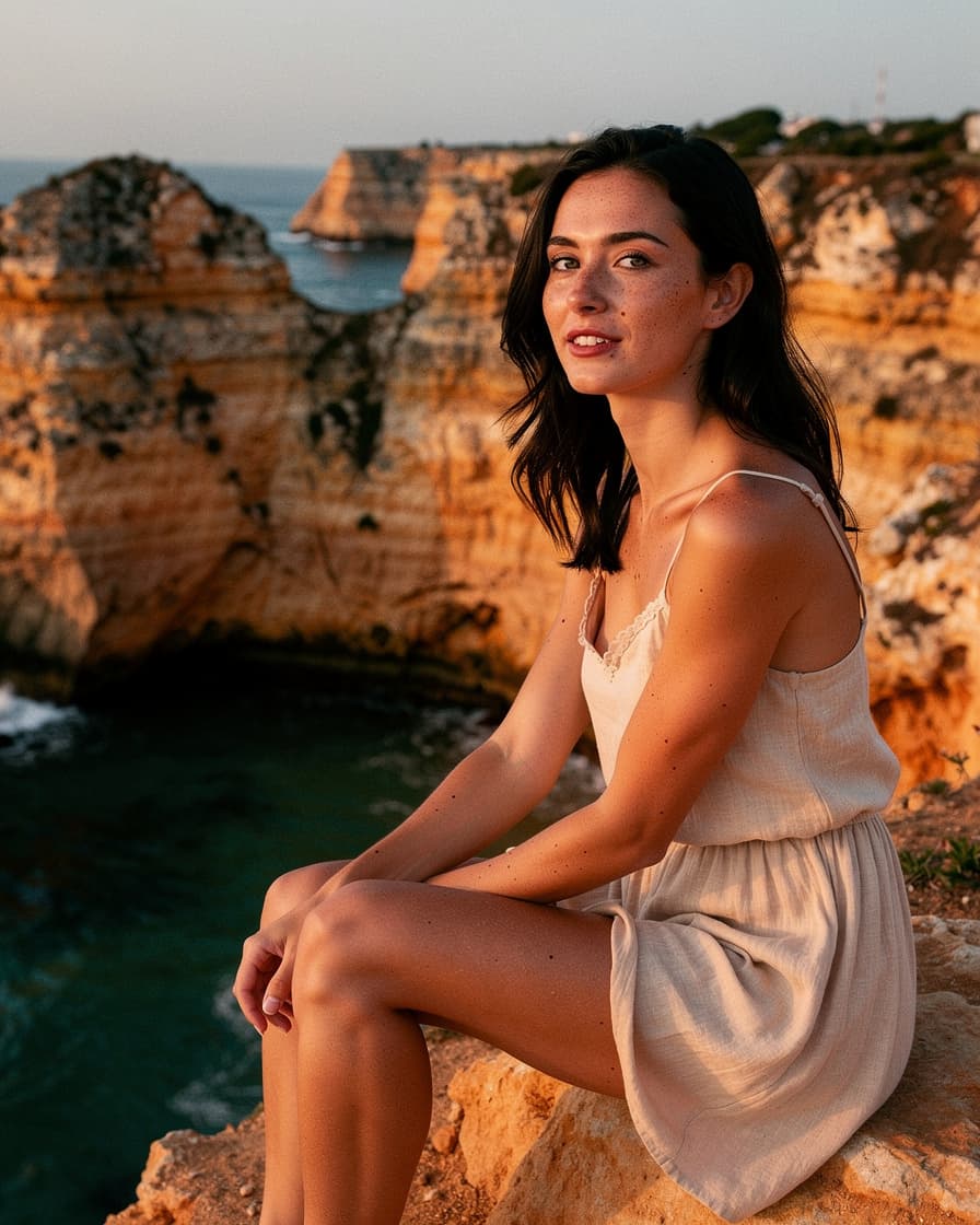 Woman sitting on orange sandstone cliff edge at Ponta da Piedade, Lagos, Algarve, holding a 35mm film camera, warm golden hour light on rock arches and turquoise sea below.