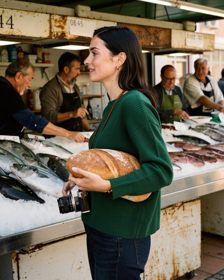 Fresh fish laid out on crushed ice at the Lagos morning fish market in the Algarve, early golden light reflecting off silver scales, locals in the background.