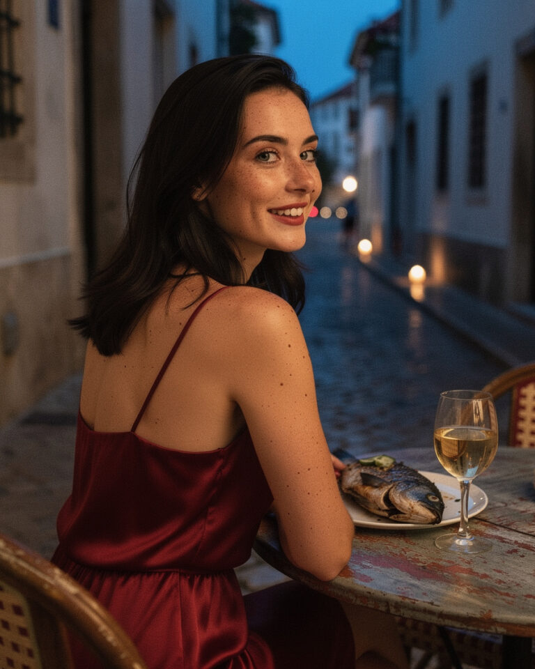 Candlelit restaurant terrace in Lagos old town at sunset, grilled sea bass and glass of vinho verde on the table, narrow cobblestone alley in background.