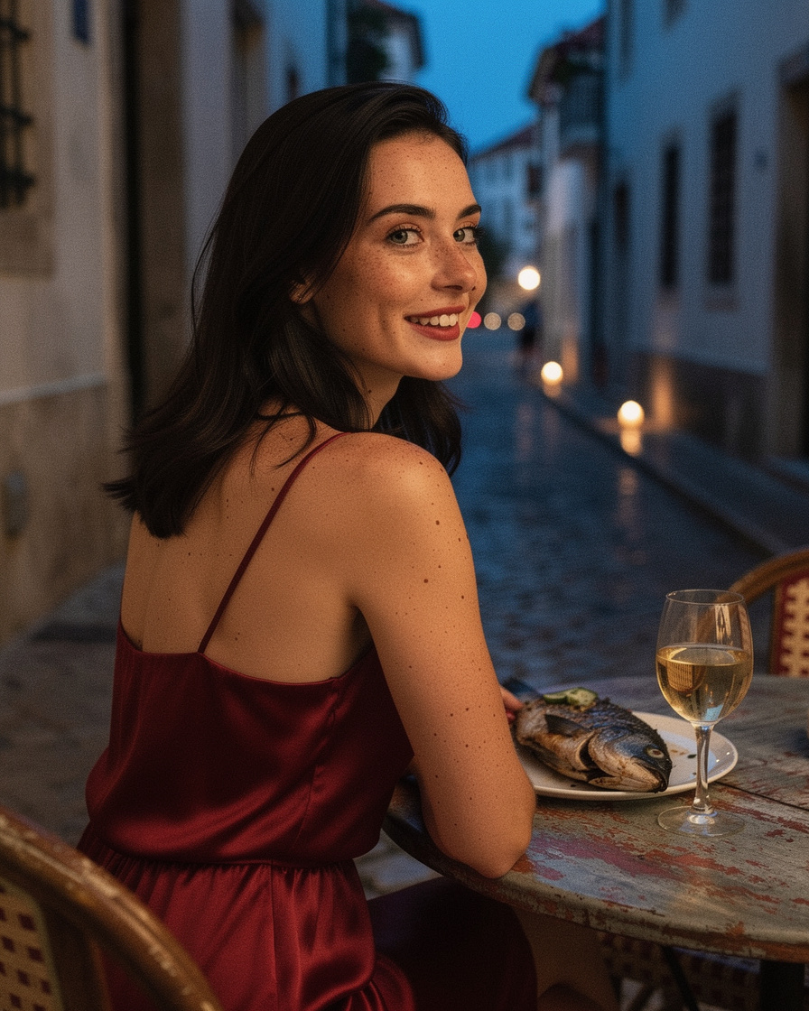 Candlelit restaurant terrace in Lagos old town at sunset, grilled sea bass and glass of vinho verde on the table, narrow cobblestone alley in background.