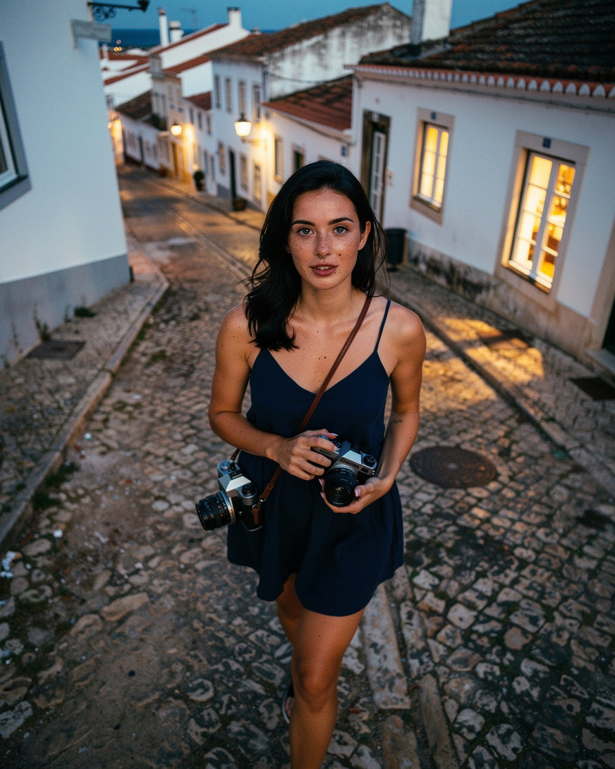Narrow white-walled street in Lagos old town at dusk, terracotta rooftops catching warm golden light, film camera hanging from a leather strap.