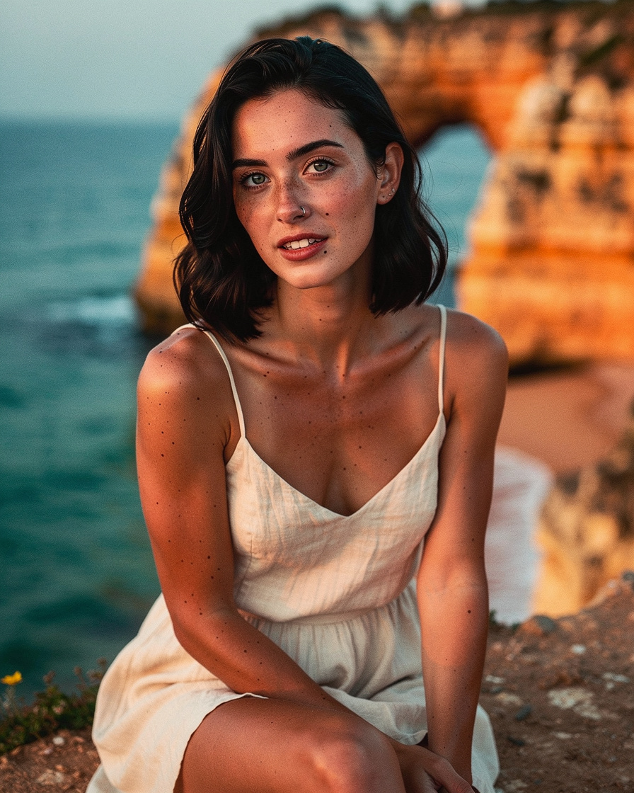 Woman sitting on orange sandstone cliff edge at Ponta da Piedade, Lagos, holding a 35mm film camera, golden hour light warming the rock arches above turquoise sea.