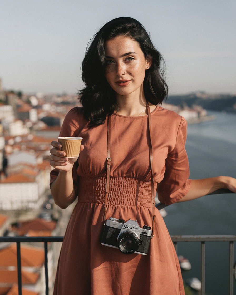 View from Dom Luís I bridge over the Douro river and red-tiled Ribeira rooftops in Porto, soft early morning light, hand holding a small espresso cup.