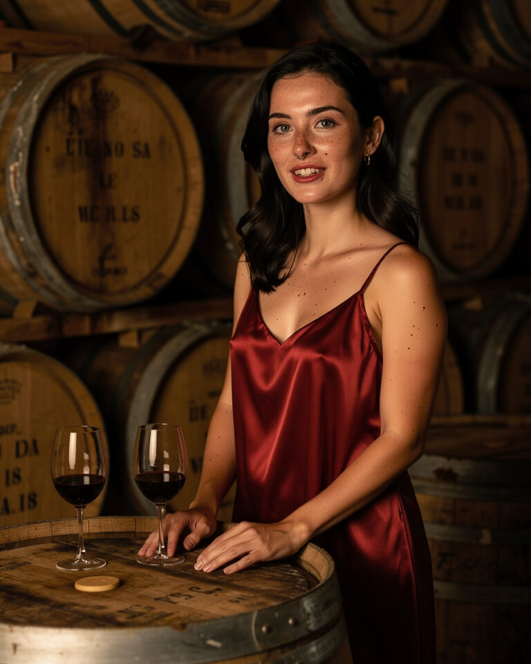 Two glasses of tawny port wine on a wooden barrel table inside a dim Vila Nova de Gaia wine cellar, warm amber light filtering between stacked oak barrels.