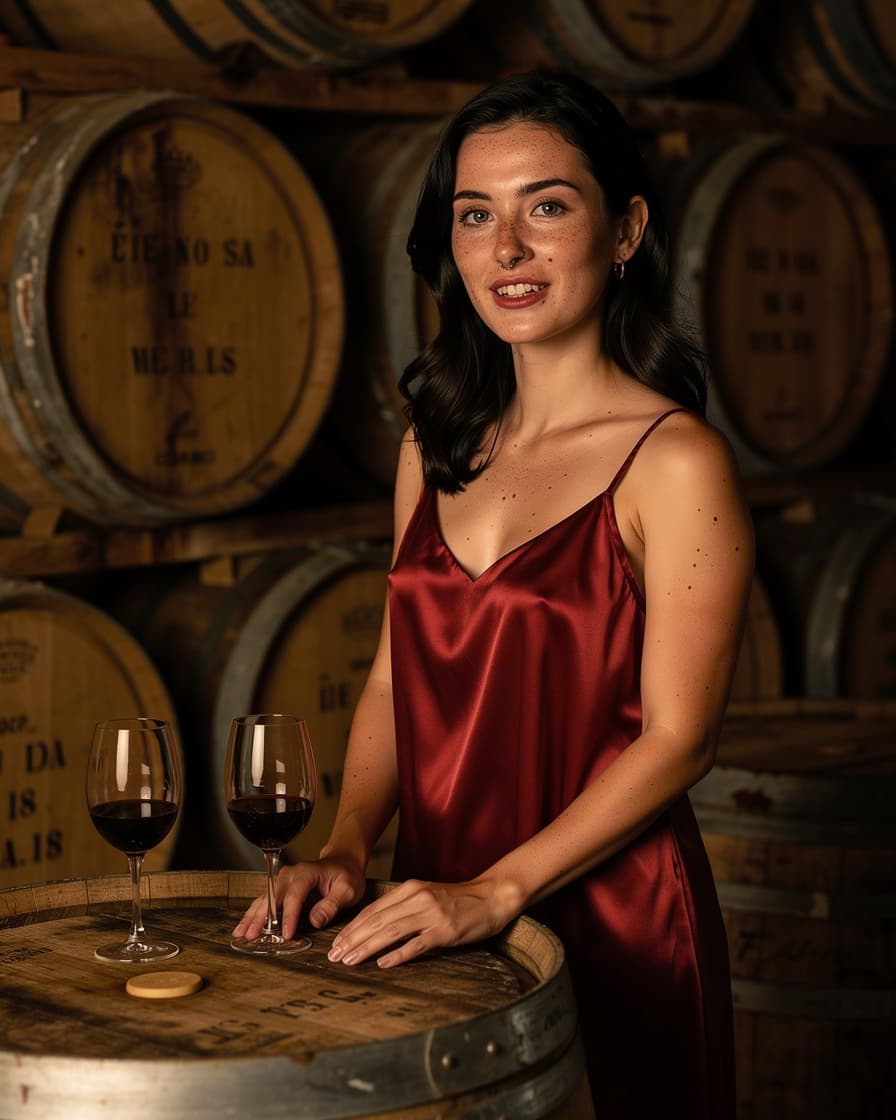 Two glasses of tawny port wine on a wooden barrel table inside a dim Vila Nova de Gaia wine cellar, warm amber light filtering between stacked oak barrels.