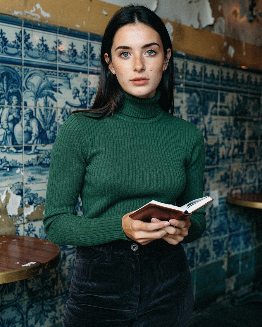 Open notebook and cooling coffee on a small café table against a blue azulejo-tiled wall in Bonfim, Porto, soft morning light.