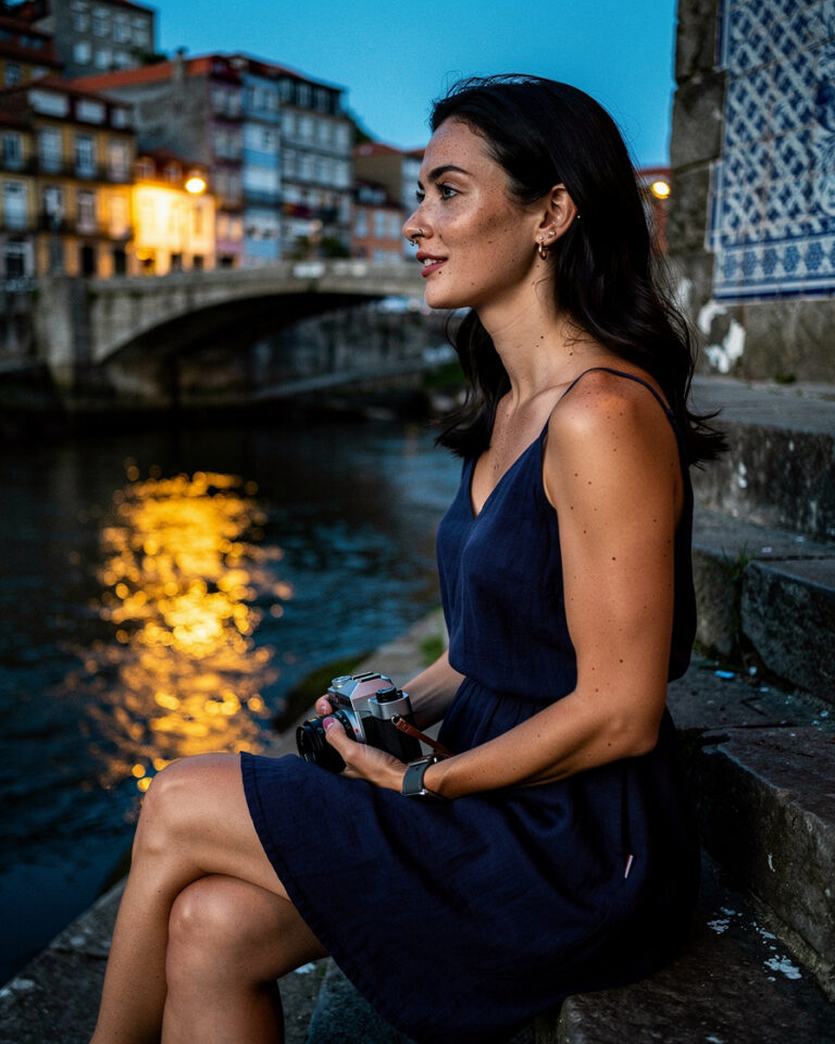 Woman sitting on stone steps at a Miragaia viewpoint in Porto, wine glass beside her, golden sunset light reflecting off the Douro river below, tiled facades in background.