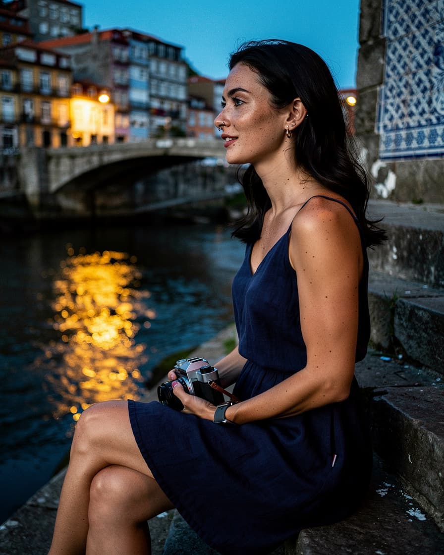 Woman sitting on stone steps at a Miragaia viewpoint in Porto, wine glass beside her, golden sunset light reflecting off the Douro river below, tiled facades in background.
