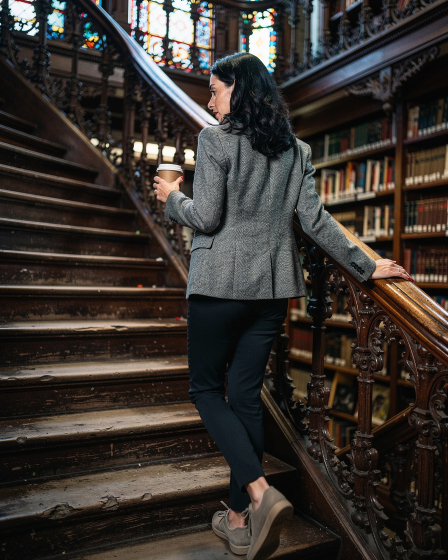 Ornate wooden staircase inside Livraria Lello bookshop in Porto, colored light streaming through stained glass ceiling onto carved banisters, early morning.