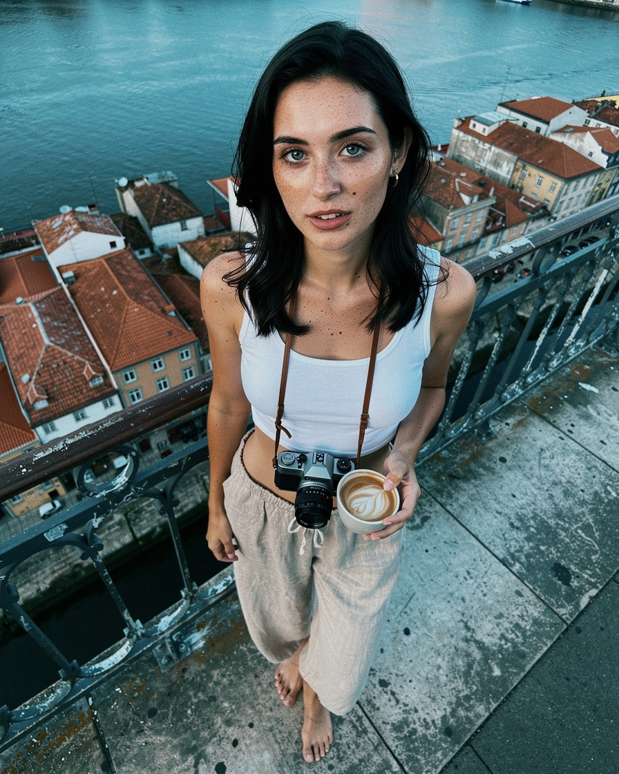 View from Dom Luís I bridge over the Douro river and red-tiled Ribeira rooftops in Porto, soft early morning light, hand holding a small espresso cup.