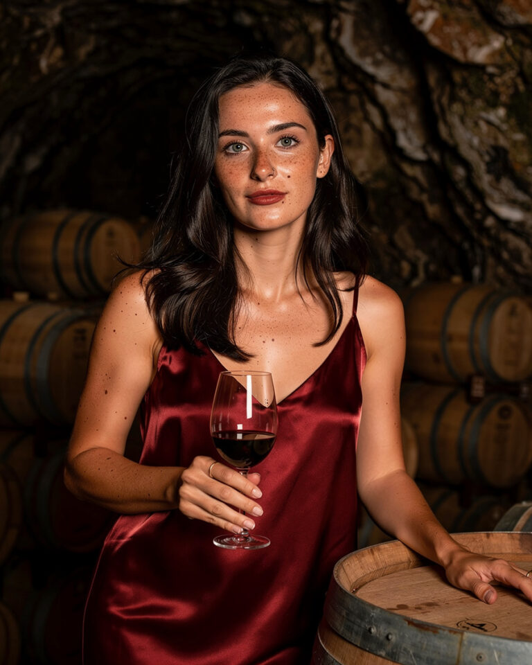 Two glasses of port wine on a wooden barrel table inside a dim Vila Nova de Gaia cellar, warm amber light filtering between stacked oak barrels.