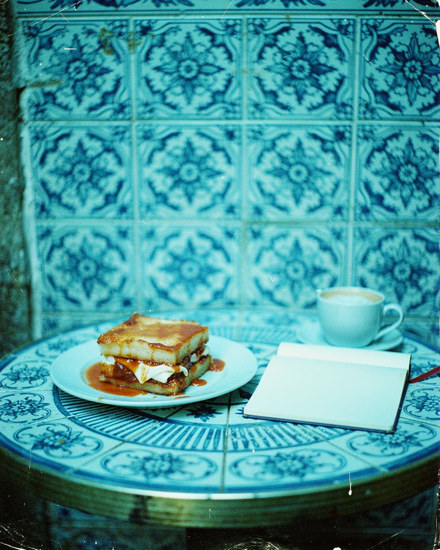 Open notebook and cooling coffee on a small café table against a blue azulejo tile wall in Porto's Bonfim neighborhood, soft morning light.