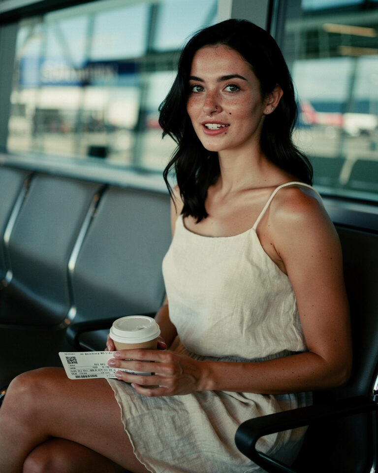 Woman sitting alone at an airport gate window seat in Porto, coffee cup and boarding pass on her lap, soft early morning light streaming through terminal glass.