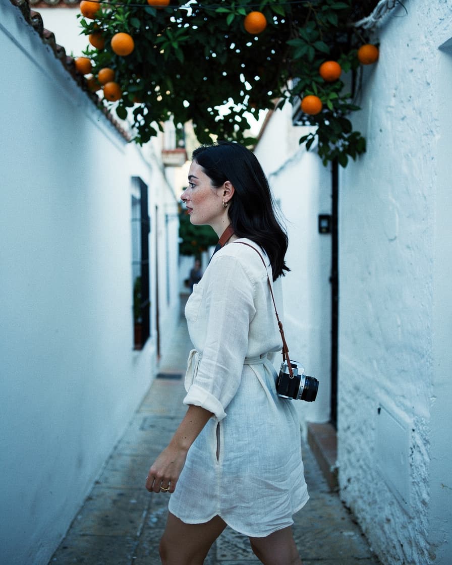 Narrow white-walled alley in Barrio Santa Cruz Seville with orange trees casting shadows in cool early morning light, no people visible.
