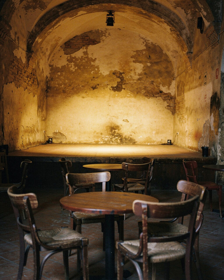 Solo flamenco dancer mid-zapateado in a small vaulted tablao in Seville, single warm spotlight casting sharp shadows on stone walls.