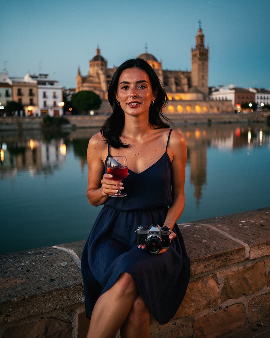 Low embankment wall along the Guadalquivir river in Triana, Seville, with the Cathedral and Giralda tower reflected in the water at golden hour.