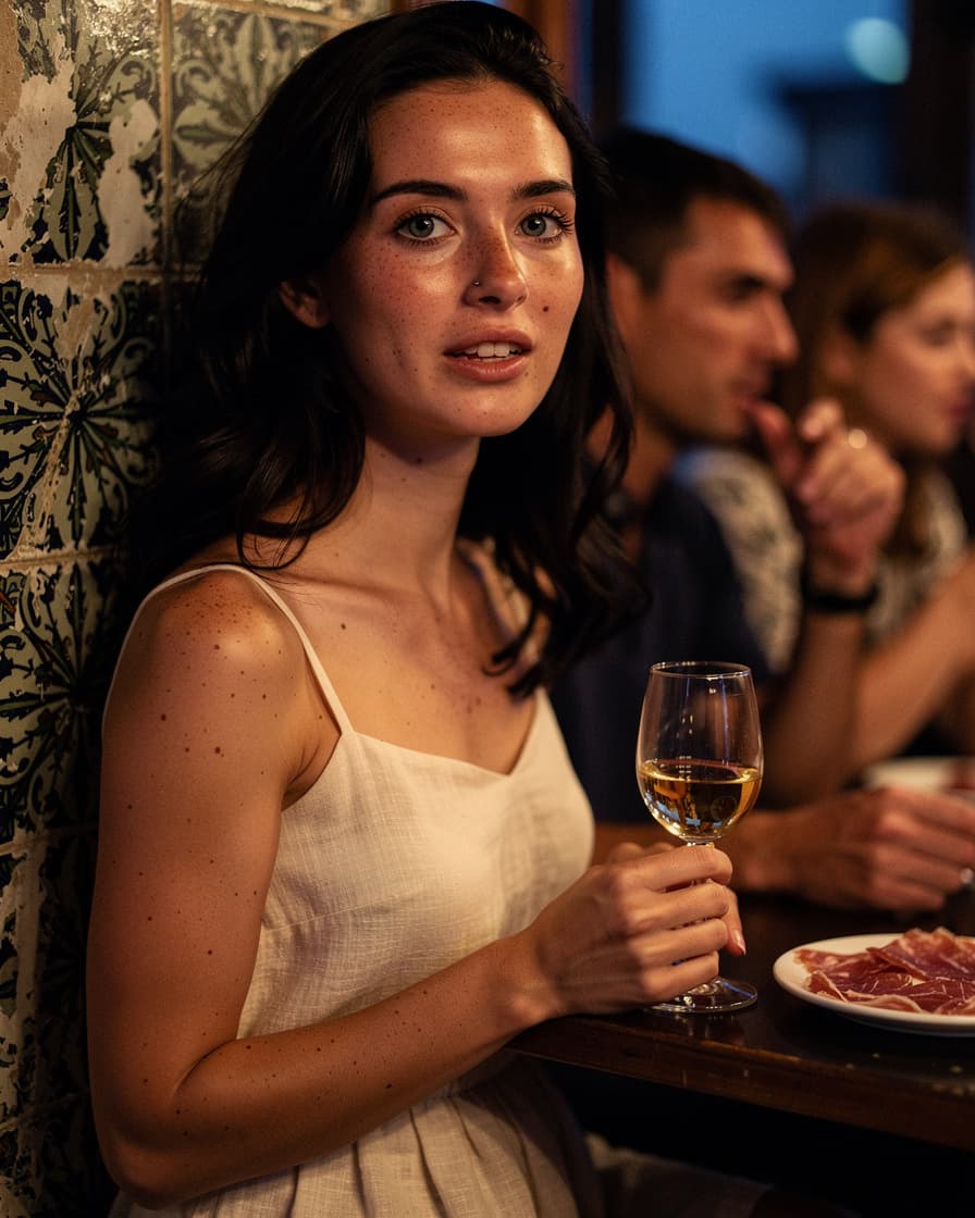 Crowded tiled tapas bar in Seville's Feria neighborhood at night, plate of jamón and glass of fino sherry on the counter, warm interior light.