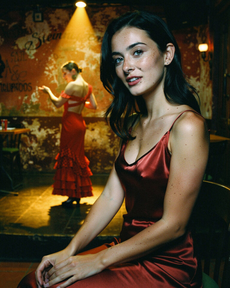 Solo flamenco dancer mid-zapateado on a small wooden stage in a dimly lit vaulted tablao in Seville, warm amber spotlight from above.