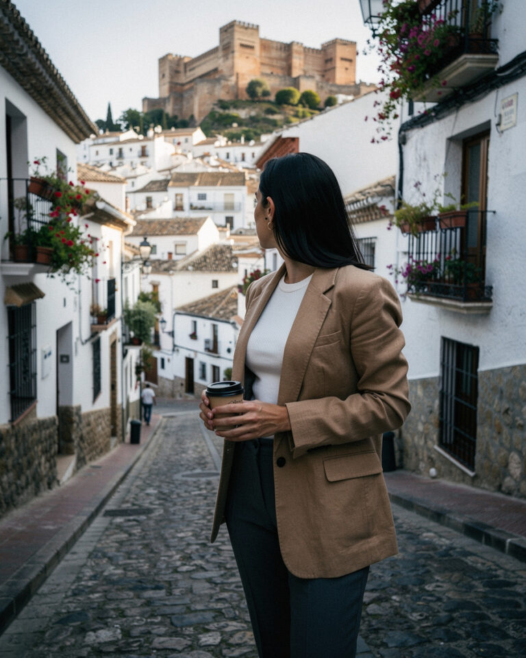 Steep cobblestone street lined with whitewashed houses and flower-filled balconies in Granada's Albaicín quarter, soft morning light, Alhambra visible on distant hill.