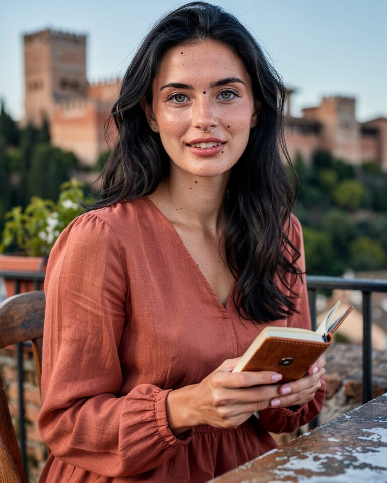 Small terrace café table with a café con leche in Albaicín, Granada, the Alhambra fortress lit by soft early morning sun across the valley.