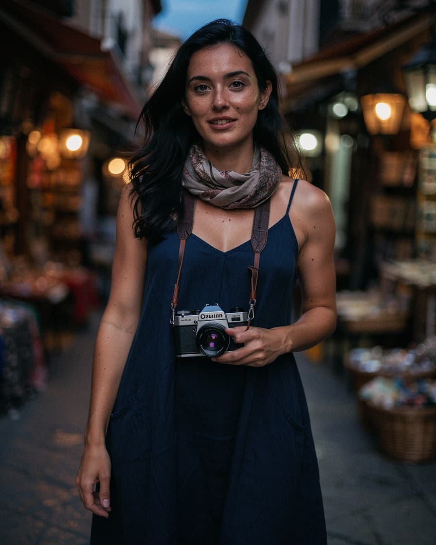 Narrow covered lane of the Alcaicería bazaar in Granada at dusk, warm lantern light over a spice stall with colorful mounds, a woman pausing with a scarf around her neck.