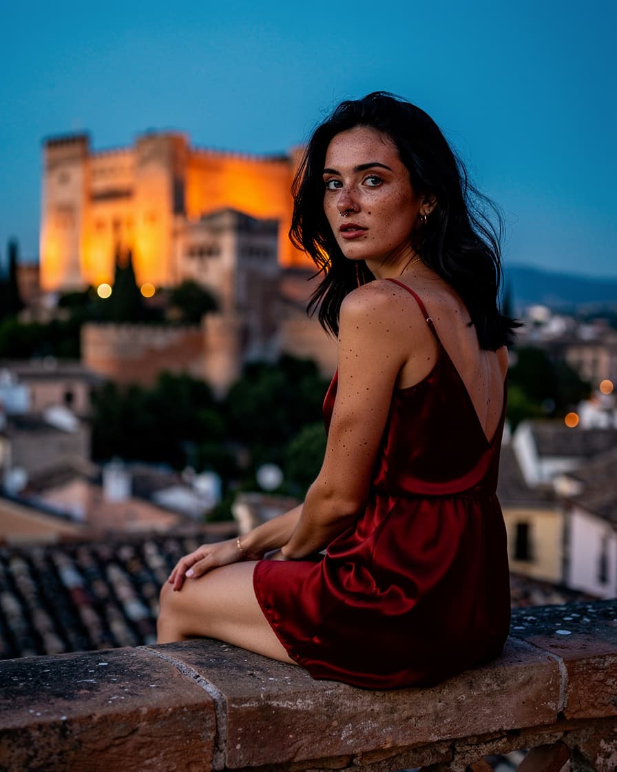 View of the Alhambra palace glowing orange at sunset from the low stone wall of Mirador de San Nicolás, Granada, warm golden light fading to dusk.