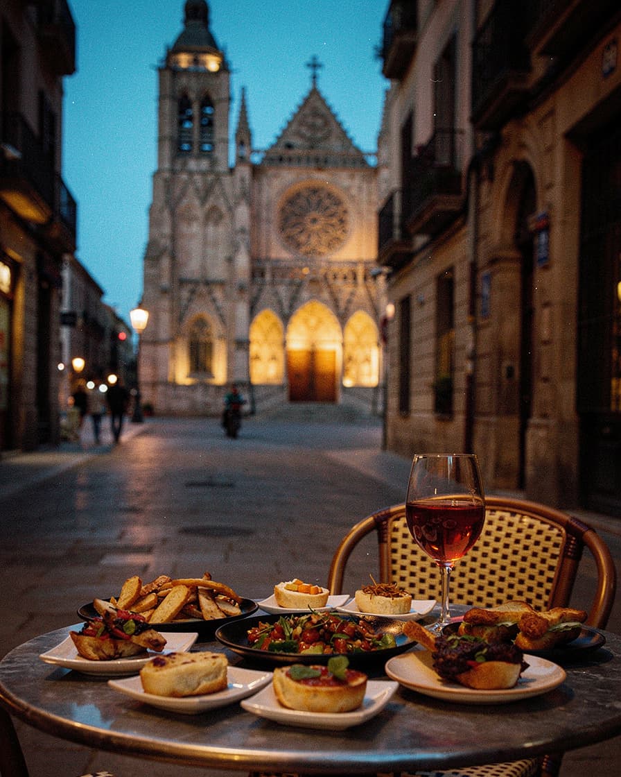 Outdoor tapas table with a glass of vermouth on a narrow El Born street at night, Santa Maria del Mar church illuminated in warm gold light behind.