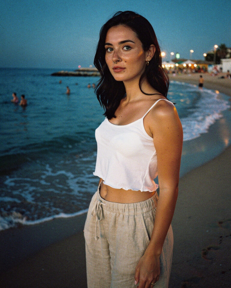 Bare feet at the waterline on Barceloneta beach at dusk, wet sand reflecting fading purple light, distant chiringuito bar glowing in the background.