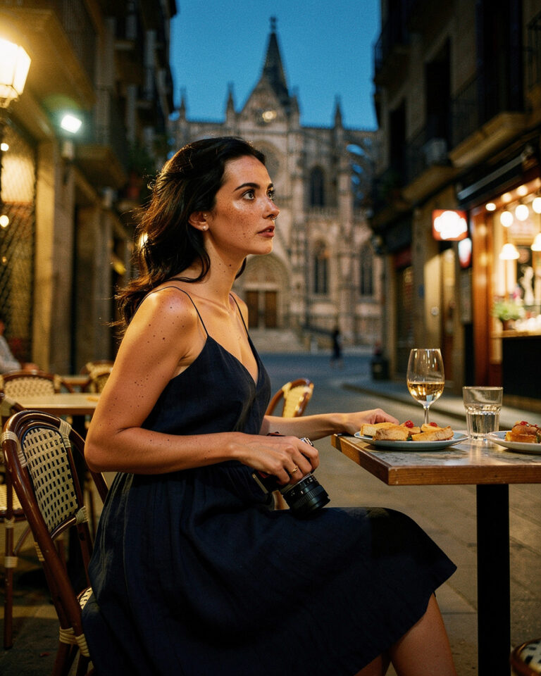 Small outdoor table with a glass of vermouth in a narrow Barcelona street at night, the illuminated facade of Santa Maria del Mar visible in the background, warm amber light.