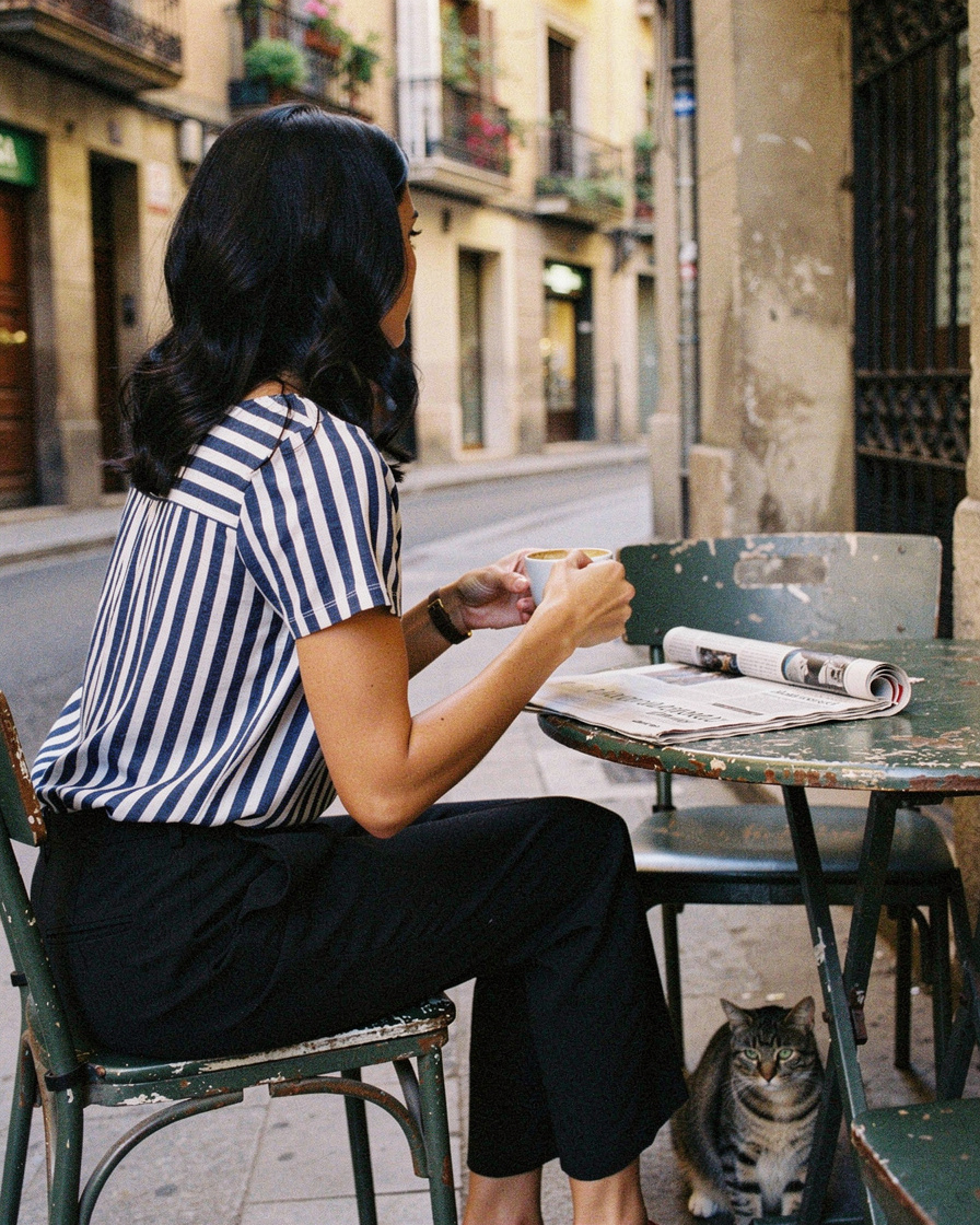 Sunlit terrace table in Barcelona's Gràcia neighborhood with an open newspaper, a cup of café amb llet, and a tabby cat resting underneath the chair, warm morning light.