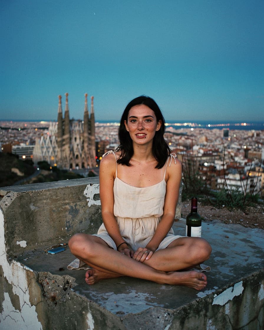 Woman sitting cross-legged on concrete ruins at Bunkers del Carmel overlooking Barcelona skyline at golden hour, Sagrada Família in the distance, wine bottle beside her.