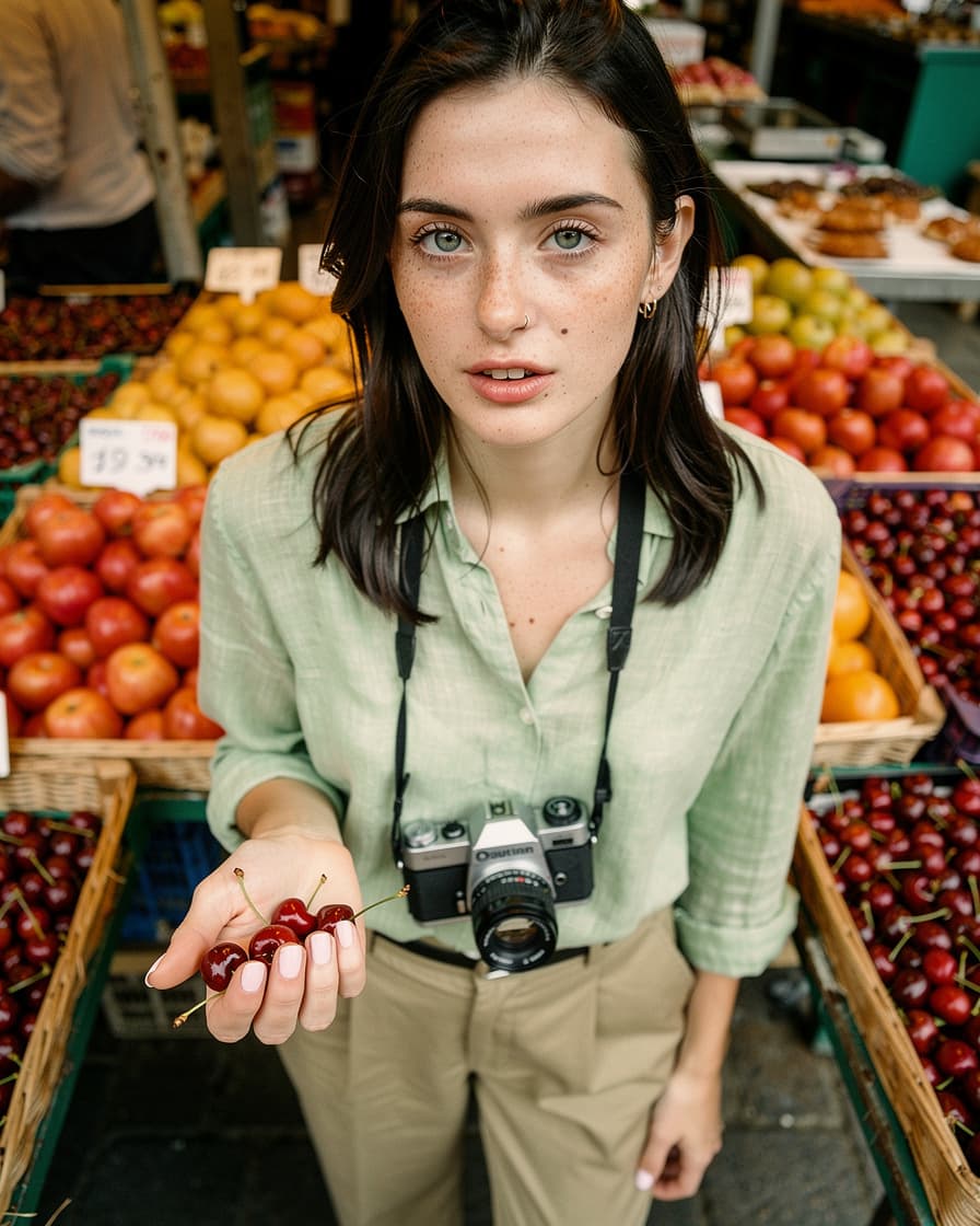 Hand holding dark red cherries at a colorful La Boqueria market stall in Barcelona, warm early morning light across the fruit displays.