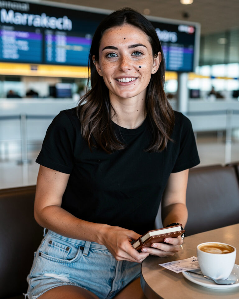 Boarding pass resting beside a small café cortado on a metal airport table, departures board showing Marrakech glowing softly in the background.