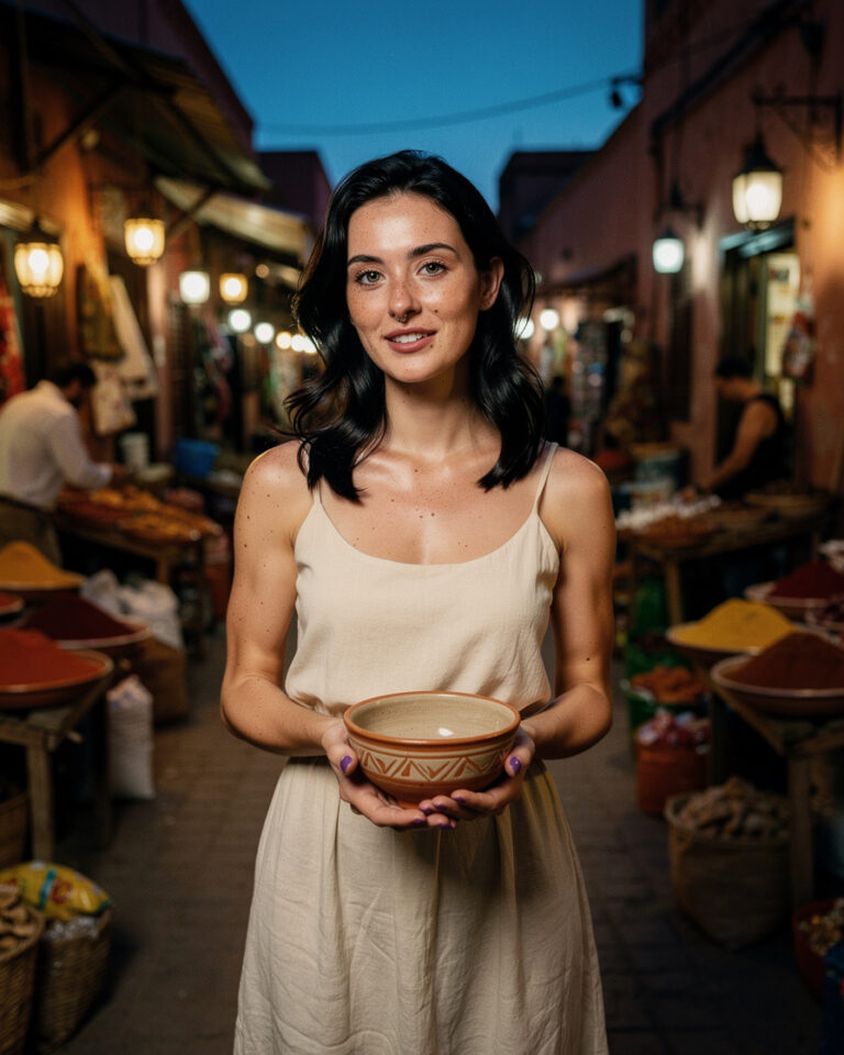 Narrow lamp-lit lane in the Marrakech souk at dusk, hands holding a small ceramic bowl among spice stalls, warm golden light on clay walls.