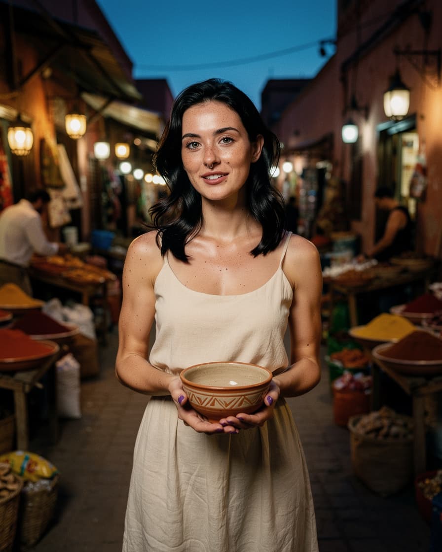 Narrow lamp-lit lane in the Marrakech souk at dusk, hands holding a small ceramic bowl among spice stalls, warm golden light on clay walls.