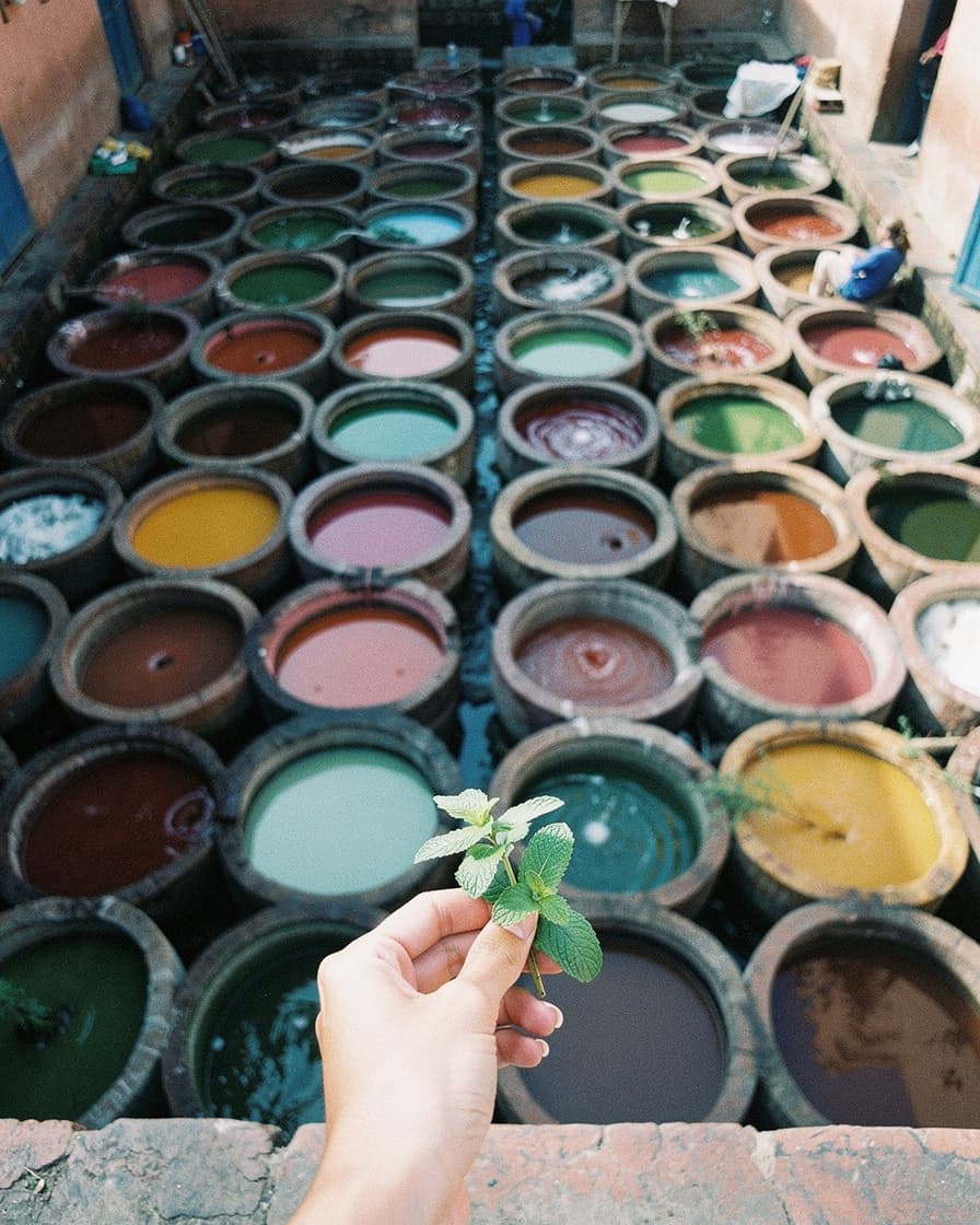 Overhead view of Marrakech tannery dye vats in vivid blues, ambers, and whites from an upper balcony, soft diffused morning light, hand holding mint sprig in foreground.