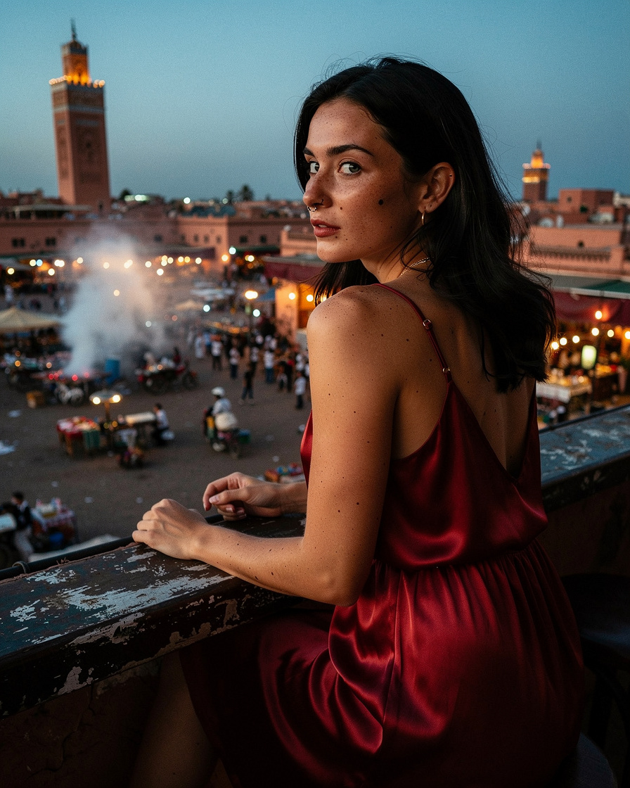 Rooftop café table with a glass of mint tea overlooking Djemaa el-Fna square in Marrakech at sunset, minarets lit in warm golden light.