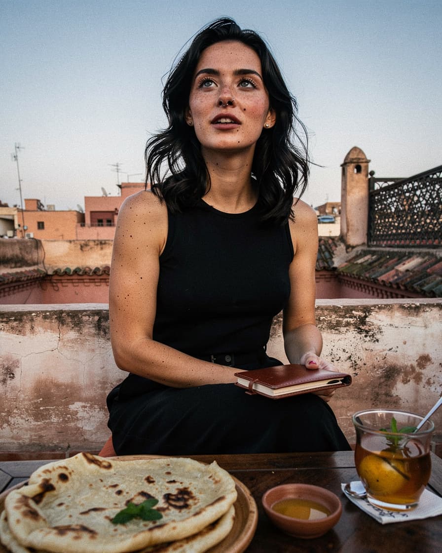 Torn msemen flatbread and a glass of mint tea on a tiled riad rooftop table in Marrakech, warm morning light over medina rooftops.