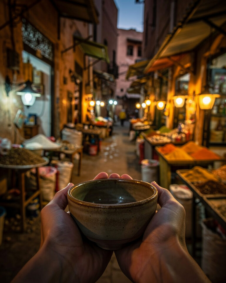 Narrow lamp-lit lane in the Marrakech souk at dusk, hands cupping a small ceramic bowl, warm golden light on textured walls.