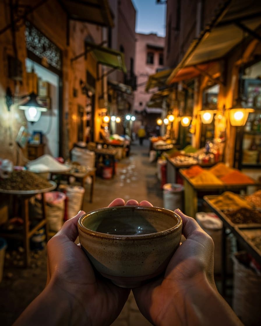 Narrow lamp-lit lane in the Marrakech souk at dusk, hands cupping a small ceramic bowl, warm golden light on textured walls.