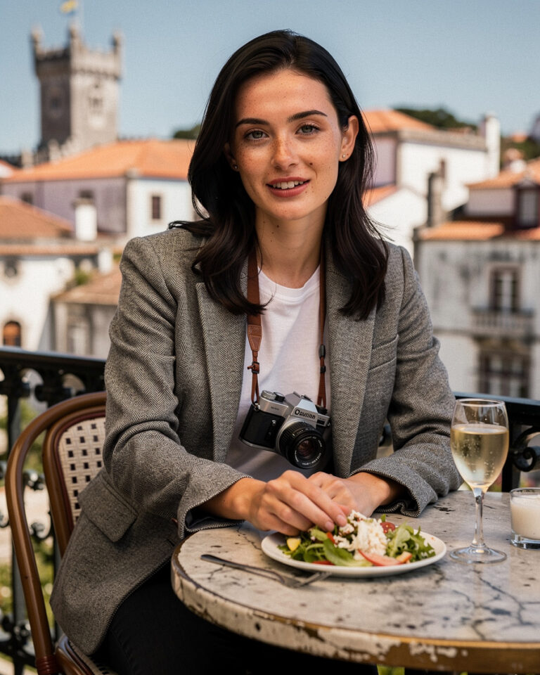 Woman sitting alone at a marble café table with a salad and sparkling water, Sintra National Palace twin towers visible behind her, bright midday light.