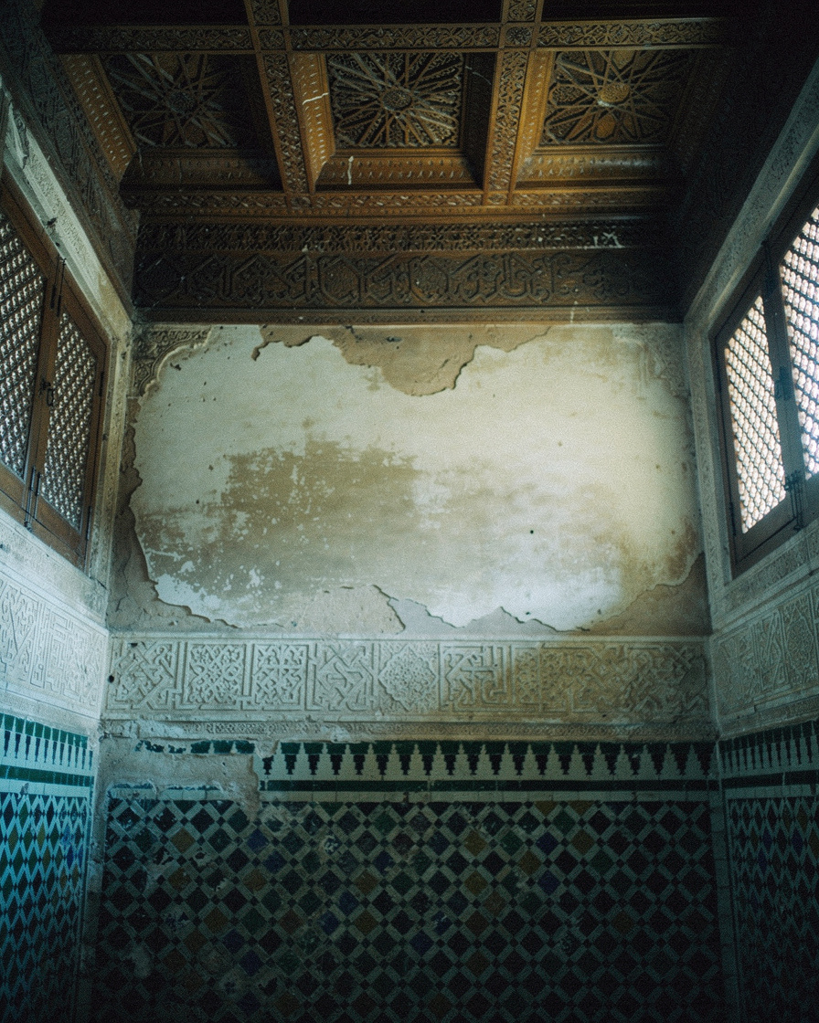 Intricate carved cedar ceiling and geometric zellige tilework inside Bahia Palace in Marrakech, soft morning light filtering through latticed wooden screens.