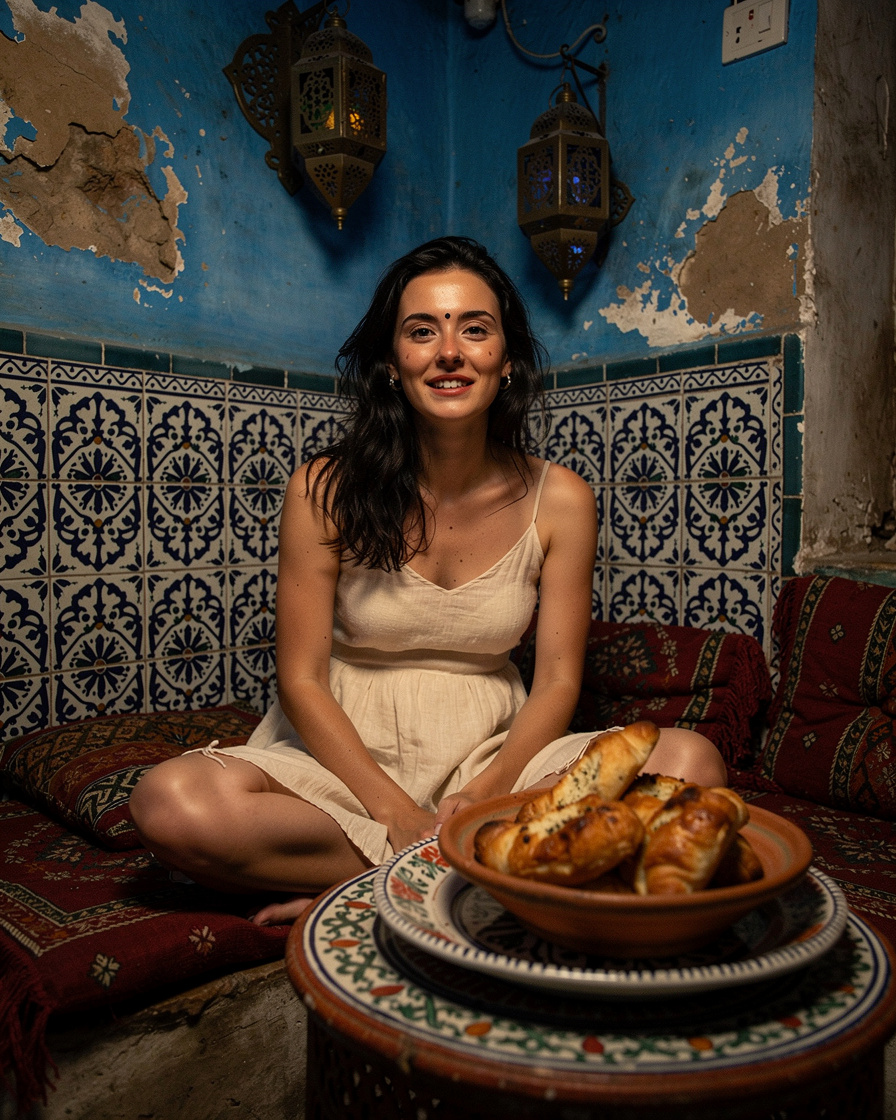 Hand-painted ceramic plate with tagine and torn bread on cushion floor seating in a small Chefchaouen medina restaurant, warm Moroccan lantern light.