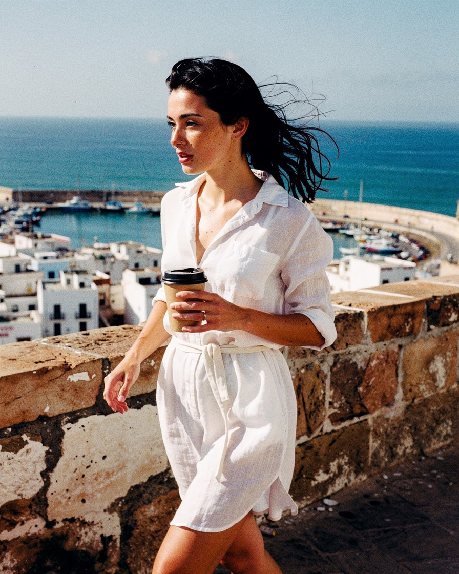 Woman walking along the white stone ramparts of Essaouira with wind lifting her hair, blue fishing boats in the port below, soft early morning light.