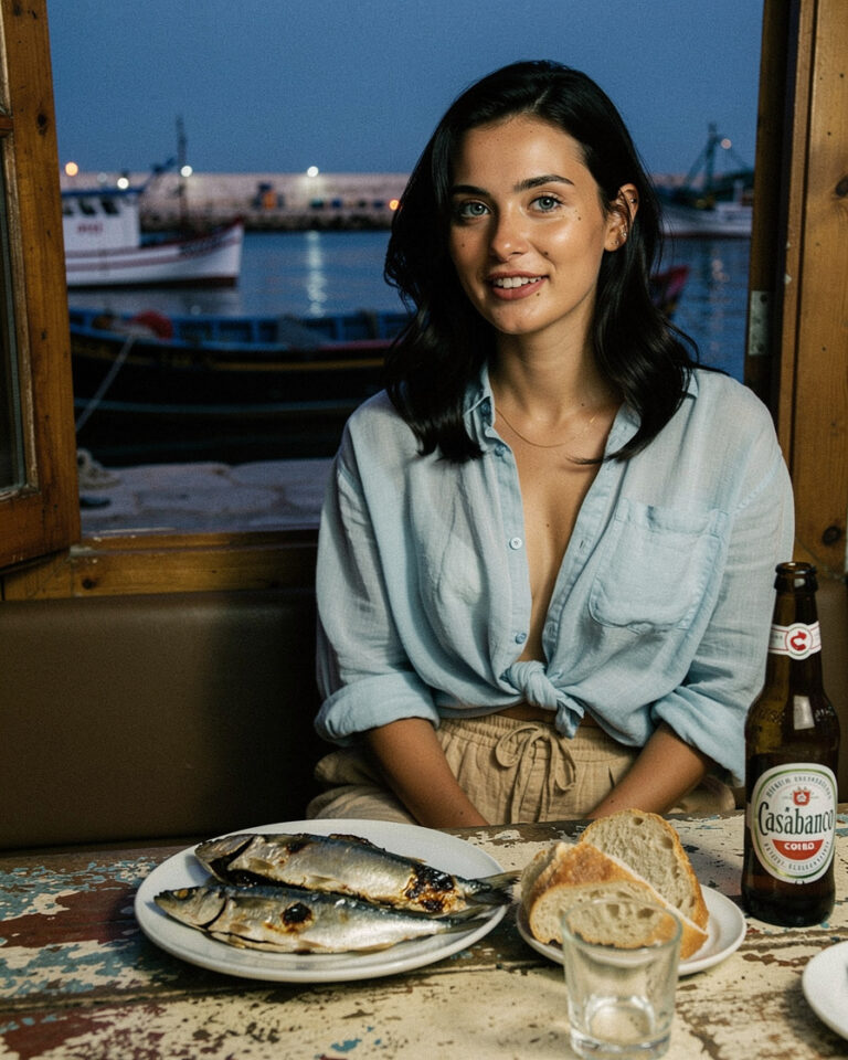 Plate of grilled sardines with torn bread and a Casablanca beer on a simple table, fishing boats visible through an open restaurant window at dusk in Essaouira.