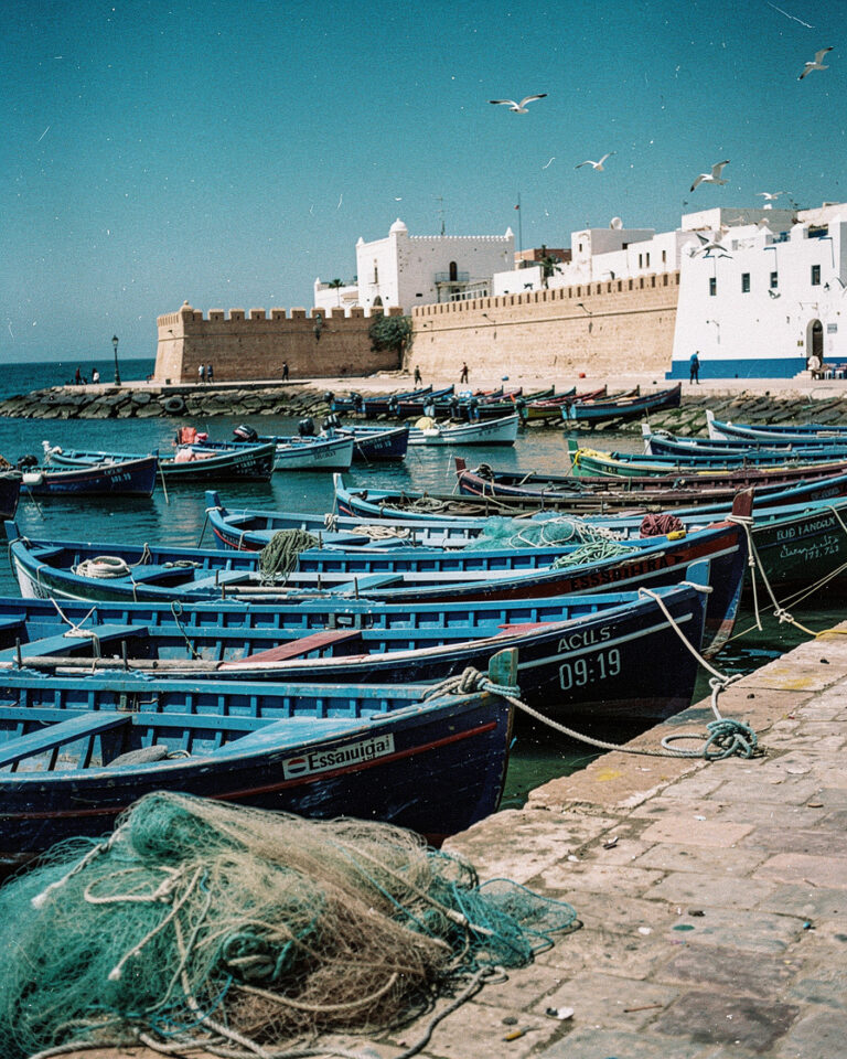 Rows of blue fishing boats in Essaouira harbor with tangled nets on the stone quay, white-and-blue ramparts in the background, soft morning light.